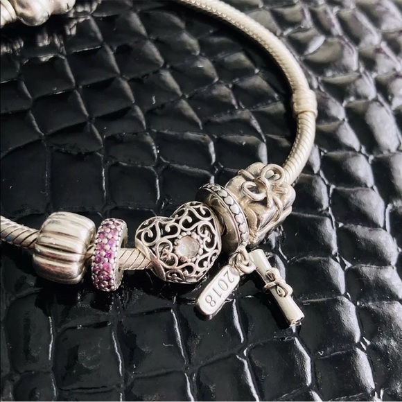 PANDORA STERLING SILVER CHARM BRACELET WITH 4 CHARMS AND 1 STOPPER - Picture 7 of 7